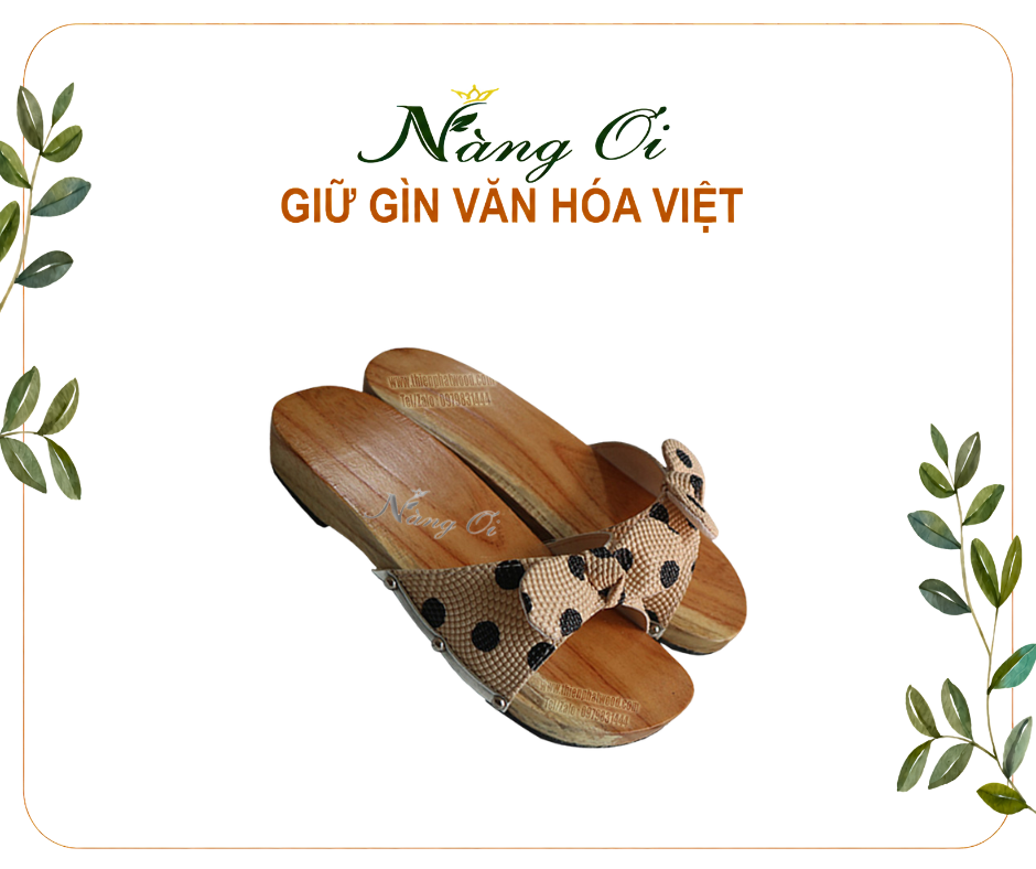 guốc mộc làm từ gỗ xoan cao 3cm, thiết kế quai đính nơ nữ tính